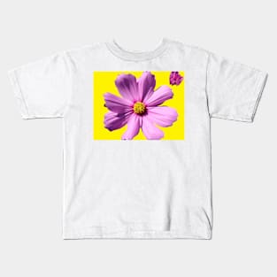 Pink Cosmos Daisy Flower on Yellow Kids T-Shirt